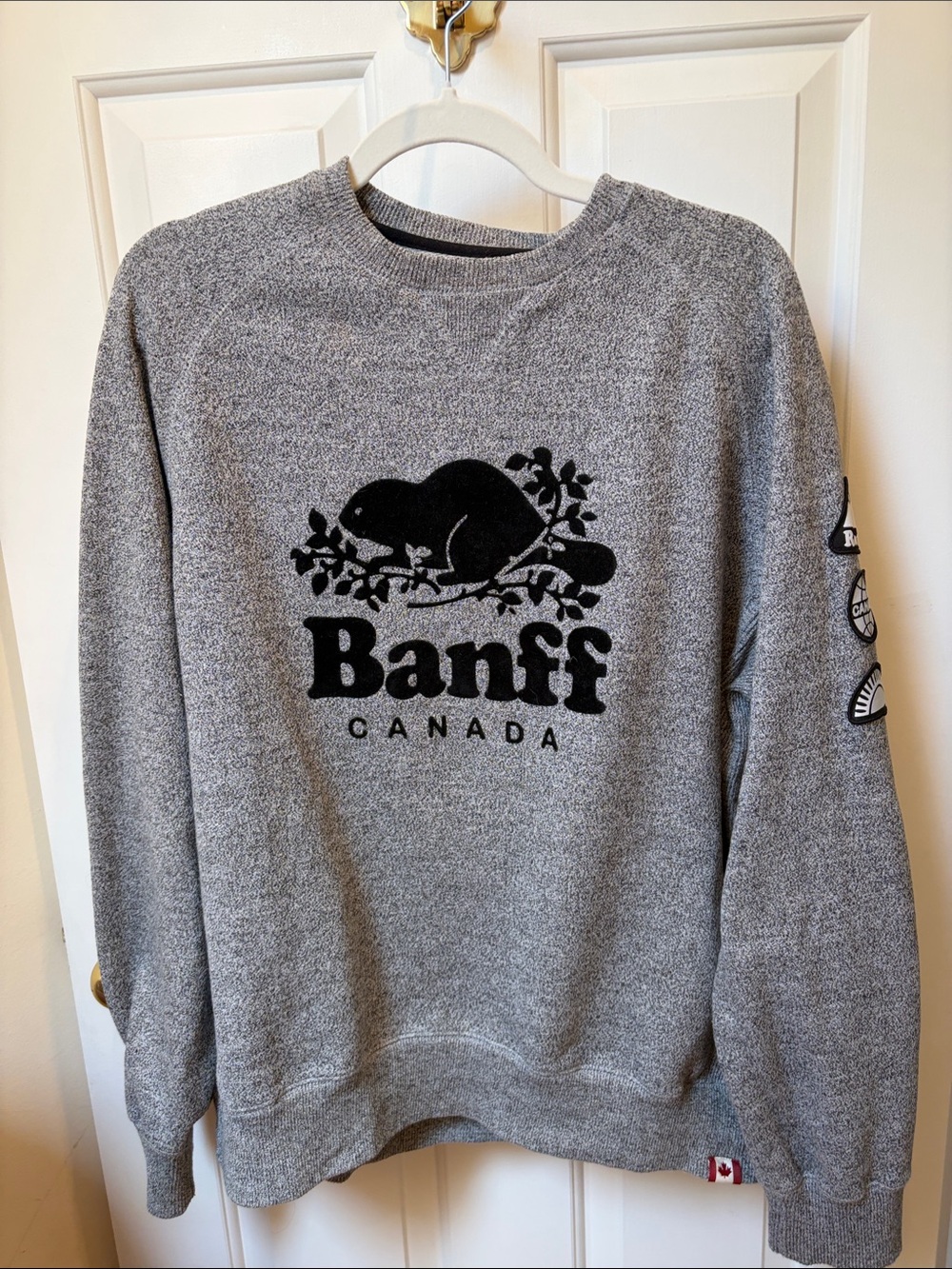 Roots Grey Sweatshirt with Black & White Canada Patches NWOT AUTHENTIC